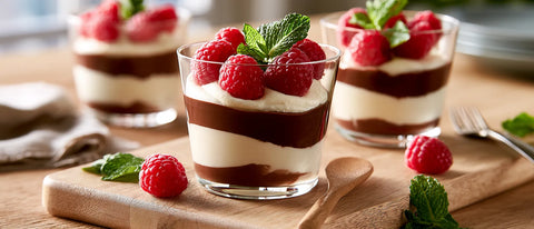 Postres cremosos en vasitos con fruta fresca sobre una mesa de madera