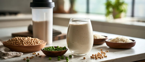 Batido de proteínas en un vaso junto a un agitador y alimentos sin lactosa